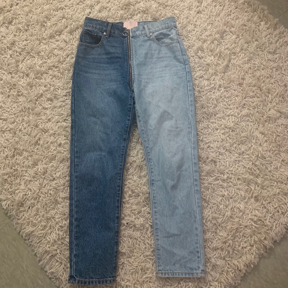 two toned jeans with zip up the middle